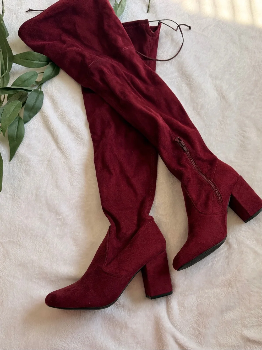 Over-the-Knee Block Heel Boots in Burgundy